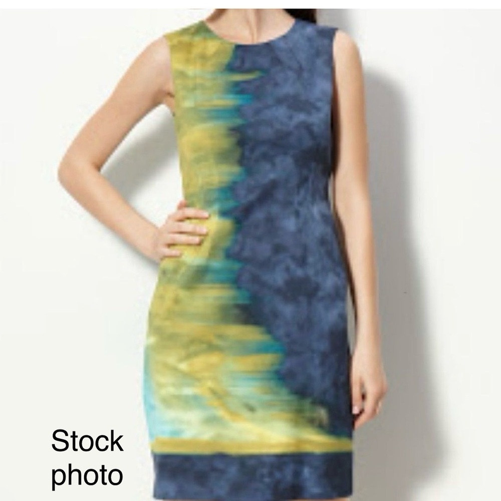 ELIE TAHARI BLUE-YELLOW TIE-DYE OMBRÉ SHIFT DRESS